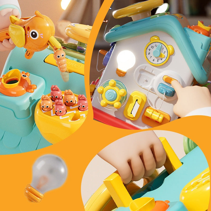 Montessori Busy House toddler toy with buttons, switches, and interactive features for fine motor skill development.