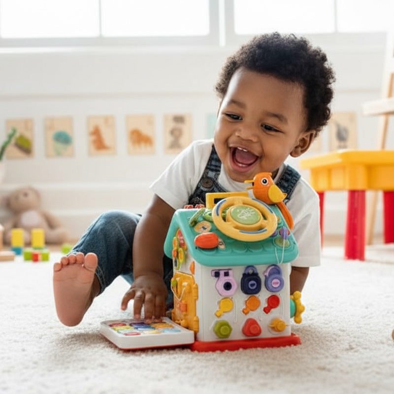 Toddler playing happily with Montessori Busy House toy for fine motor skills development