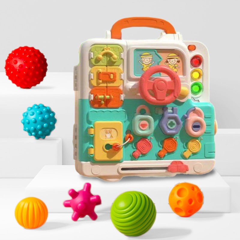 Busy Board Montessori educational toy for infants with lights, sounds, and interactive features to develop motor skills and problem-solving.