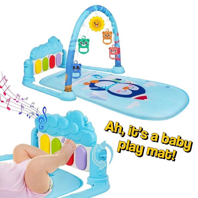 Baby Foot-Piano Fitness Rack with hanging rattles and soft play mat for newborns and toddlers engaging in early learning