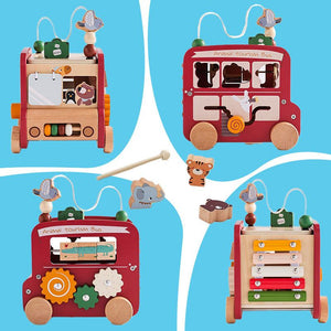 Wooden Montessori Busy Bus with 8 educational activities including xylophone, shape sorter, and bead maze, made of natural beech wood for toddlers.