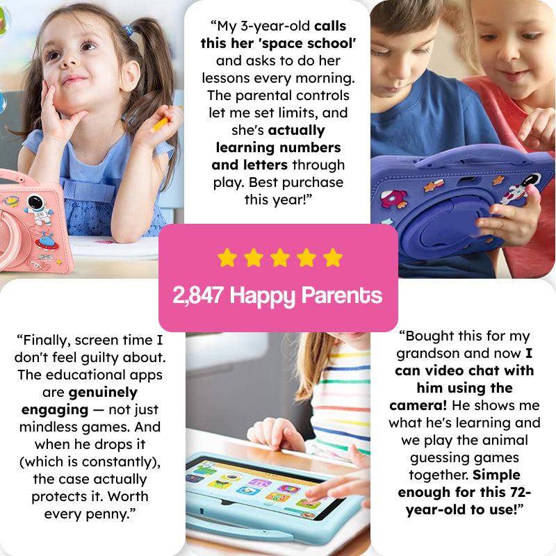 children using shockproof learning tablet with colorful astronaut case and educational apps