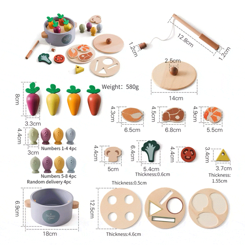 Little Chef Montessori wooden healthy cooking set with vegetables, proteins, utensils, and fishing game pieces for children ages 2-6.