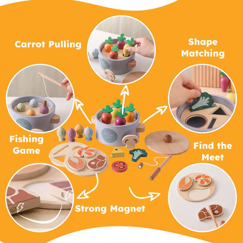 Little Chef Montessori healthy cooking set with wooden veggies, protein pieces, utensils, and educational games for ages 2-6.