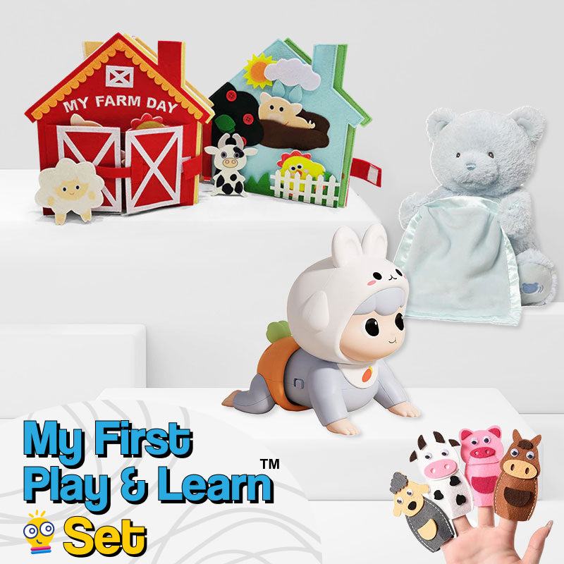 My First Play & Learn Set with plush bear, farm day book, rabbit toy, and finger puppets for toddlers' interactive learning and play