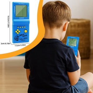9999-in-1 retro game console handheld brick game with monochrome LCD screen played by child