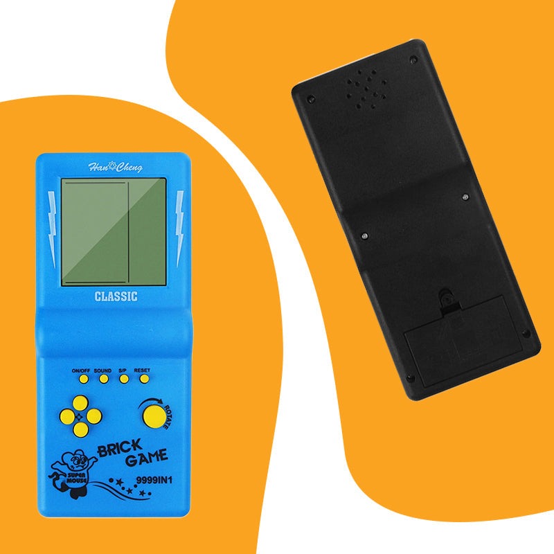 Blue 9999-in-1 retro game console with classic monochrome screen and black rear view on orange background