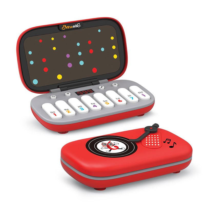 MusiQ Rhythm Master 7-in-1 piano game for kids with light-up keys and rhythm training in a portable DJ-case design