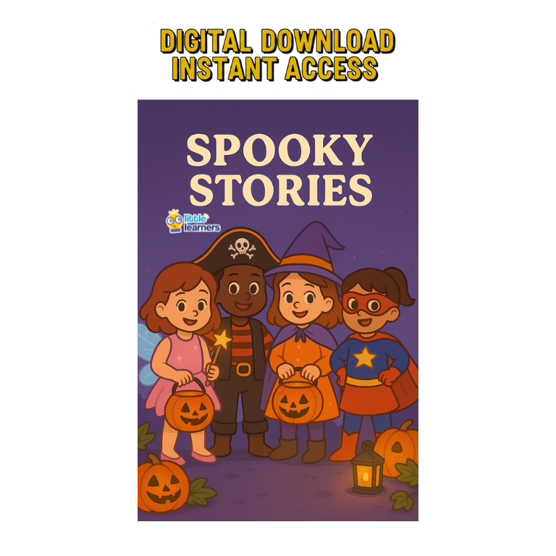 Little Learners Spooky Stories ebook cover with kids in Halloween costumes holding pumpkin buckets