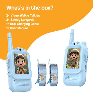 Face-to-Face Video Walkie Talkie Set for kids with video chat, no WiFi, 400m range, USB charging, and safety lanyards included