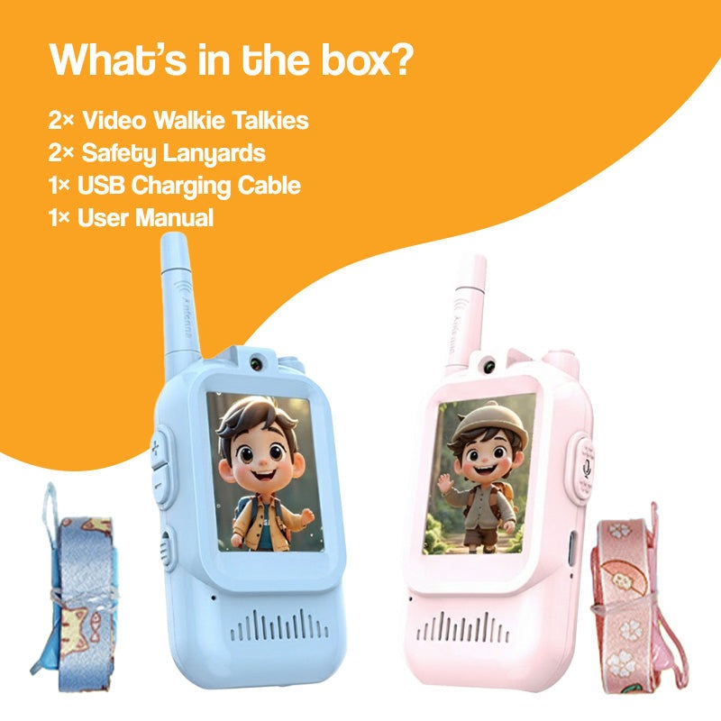 Blue and pink Face-to-Face Video Walkie Talkie set for kids with safety lanyards and USB charging cable.