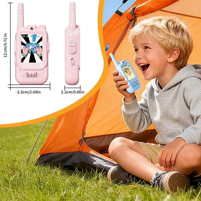 Child using Face-to-Face Video Walkie Talkie for outdoor play with tent background