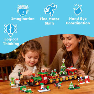 Child and mother building Holiday Express Train Advent Calendar with colorful train and Christmas mini builds fostering imagination, fine motor skills, and coordination