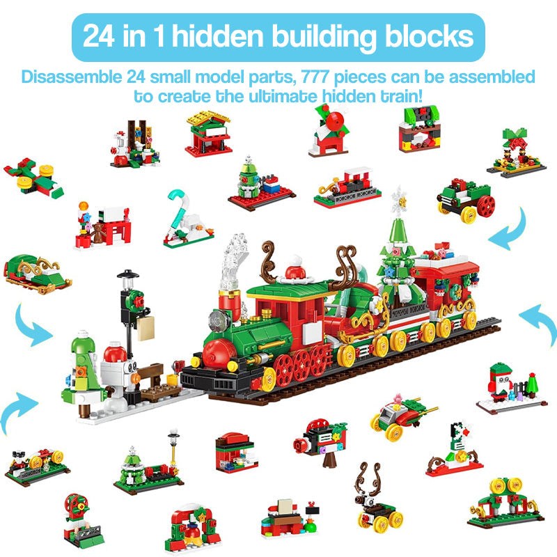 Holiday Express Train Advent Calendar with 24 mini buildable Christmas-themed models and 777 pieces forming a festive train set.