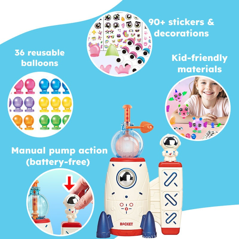 Magic PopKit creative toy set with manual pump, reusable balloons, stickers, and kid-friendly materials for making magical creatures.