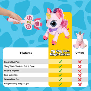 Child playing with magic wand controlling a dancing unicorn toy