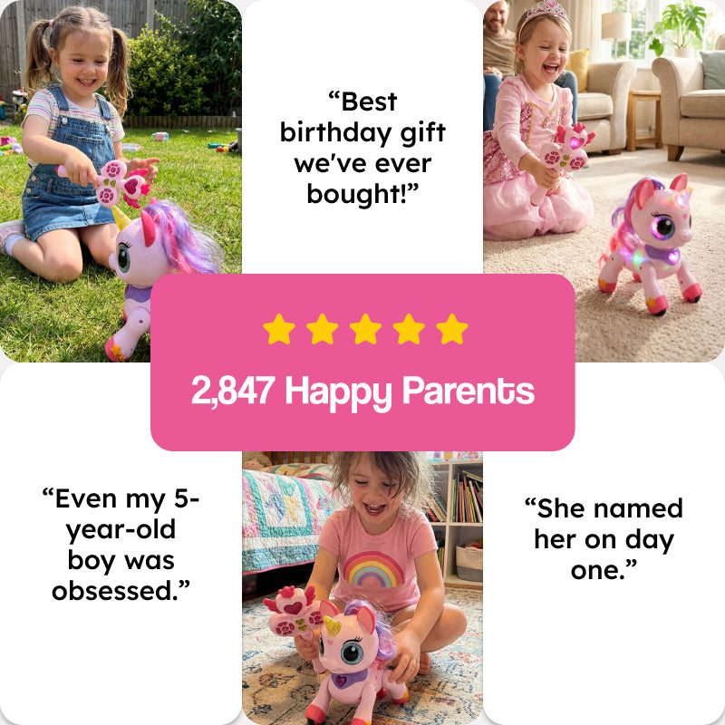 Child playing with remote control unicorn toy and magic wand