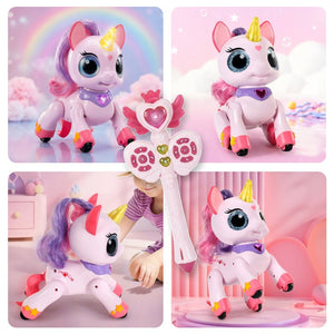 Child's interactive unicorn toy responsive to magic wand remote control with dancing and bedtime modes