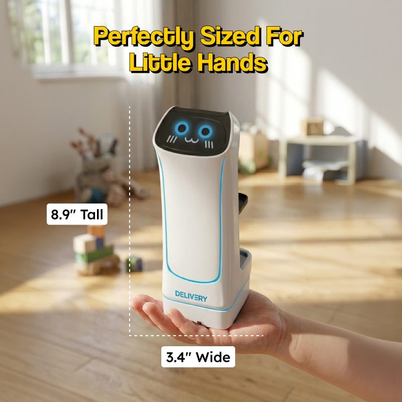 SnackBot Delivery Robo-Kitty toy with LED cat-face, remote control, and cargo tray for snacks and small toys