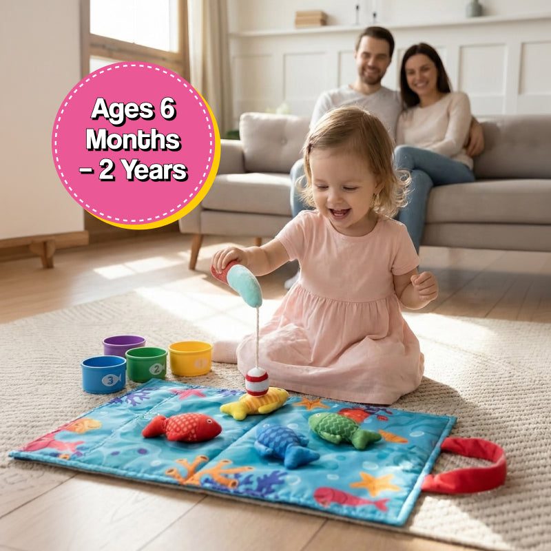 Little Fisherman Fishing Set with velcro fishing rod, soft fabric fish, and stacking cups for toddlers aged 6 months to 2 years