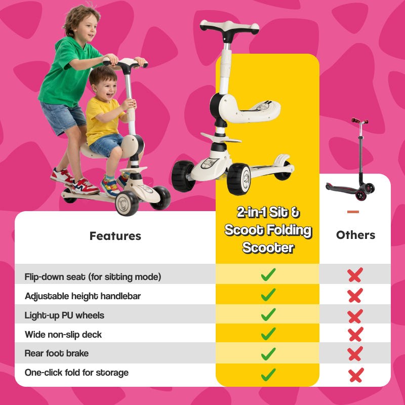 2-in-1 Sit & Scoot folding scooter with flip-down seat and light-up wheels for kids ages 3-10
