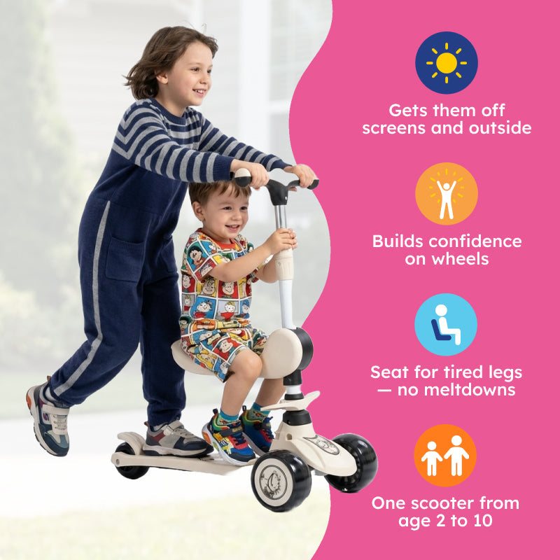 2-in-1 Sit & Scoot folding scooter with flip-down seat and light-up wheels for kids ages 3 to 10