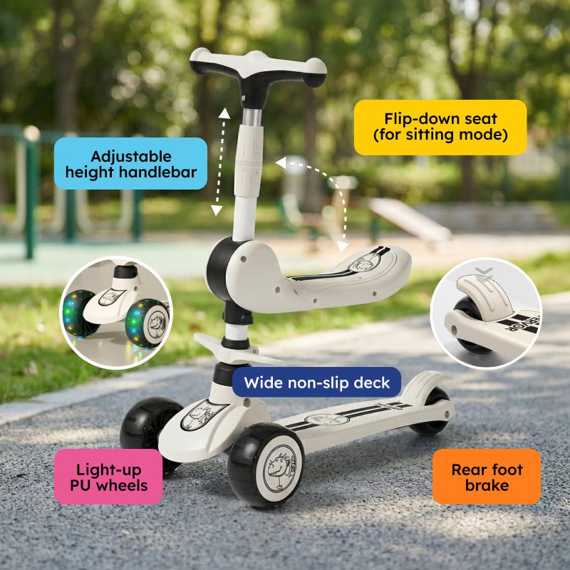 2-in-1 Sit & Scoot folding scooter with flip-down seat and light-up wheels for ages 3 to 10