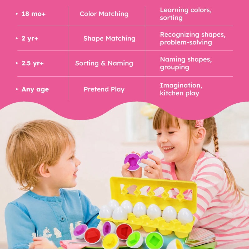 Montessori shape and color matching eggs toy for toddlers with 12 colorful, shaped egg pairs and reusable carton