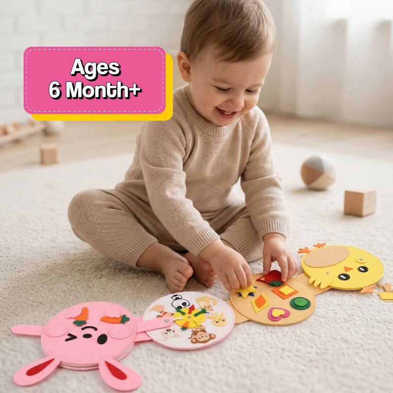 Montessori Felt Activity Book with 8 interactive felt pages for toddlers ages 1-4, screen-free learning in a compact foldable design