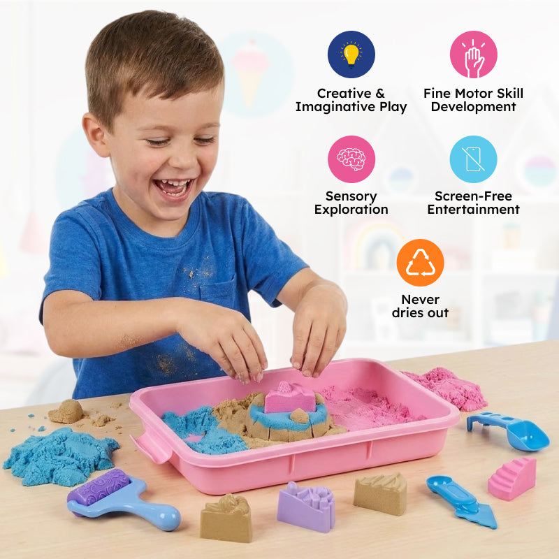 Magic Sand Play Set with tray, molds, and sculpting tools for kids ages 3+
