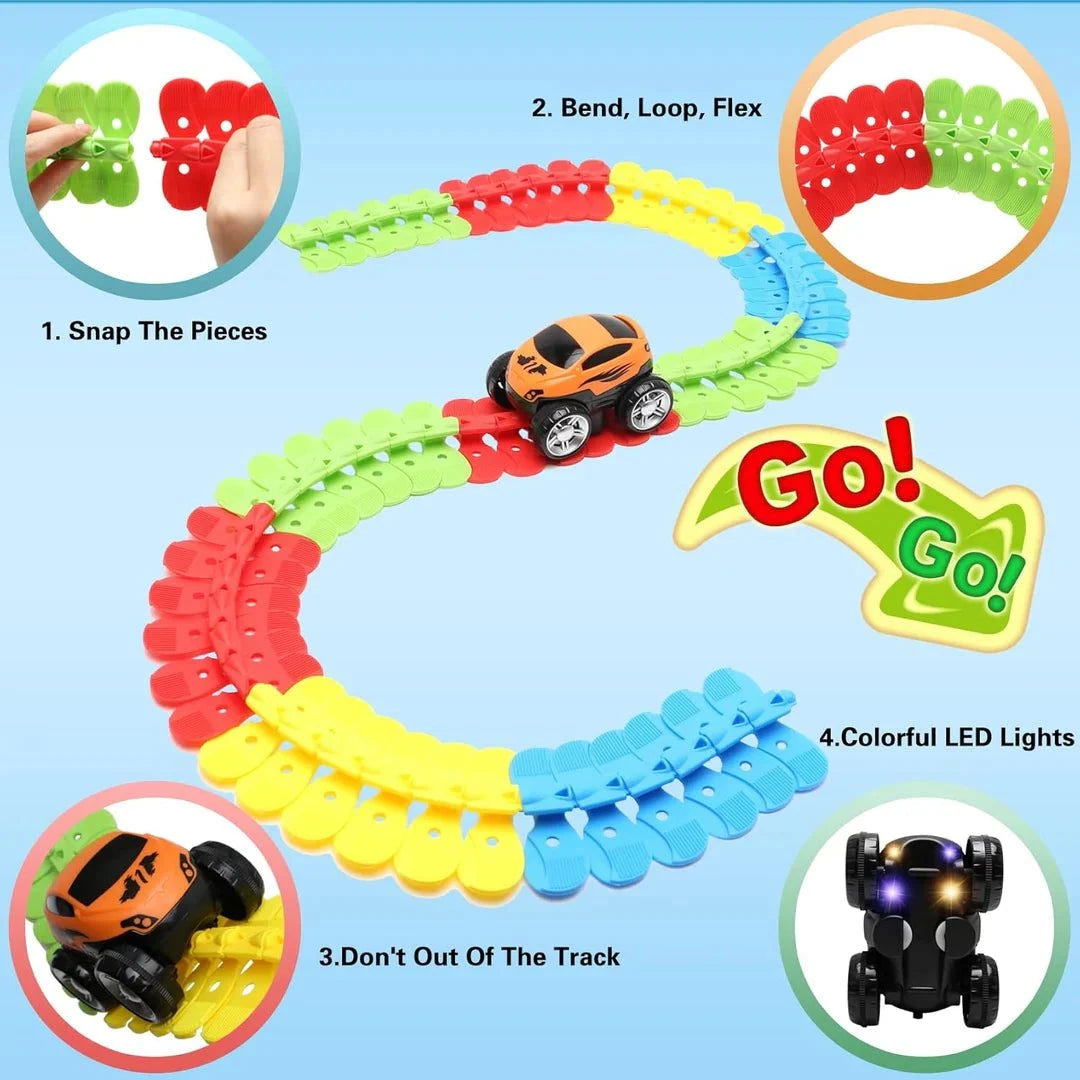 Colorful anti-gravity race track with snap-together flexible pieces and LED light-up toy car