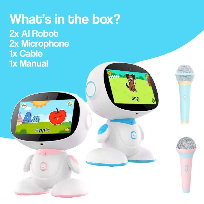 AI-Powered STEM learning robots for kids with microphones and educational screen display