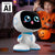 AI-powered STEM learning robot toy with interactive face and kids Halloween background