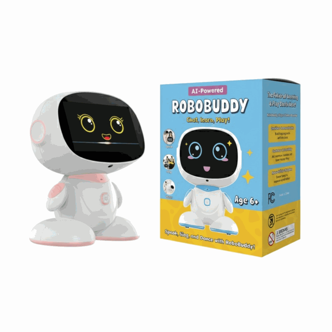 AI-powered STEM learning robot Robobuddy for kids age 6+ with interactive chat, karaoke, dance, and educational apps in Halloween-themed packaging