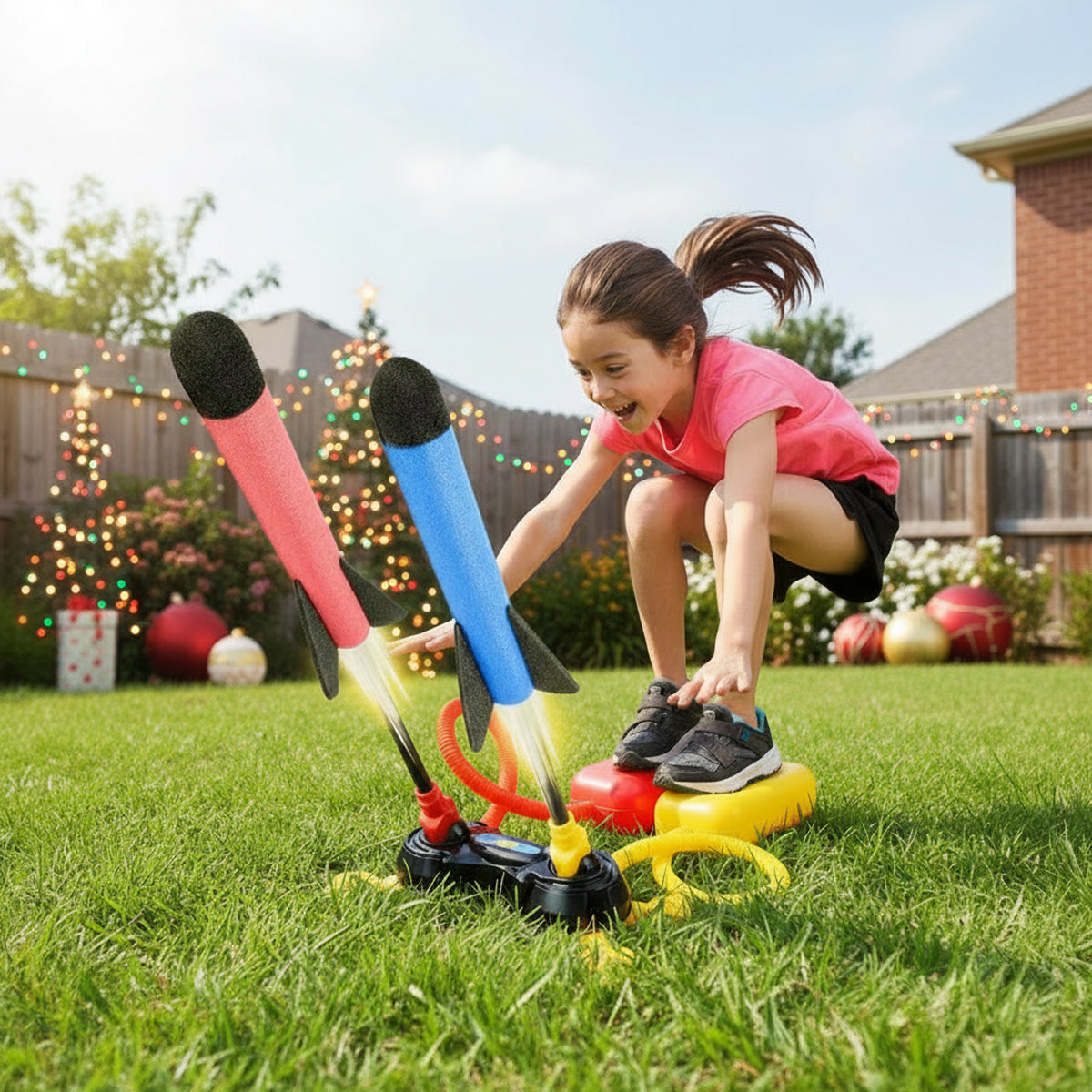 Child playing outdoors with Dual Toy Rocket Launcher launching two foam rockets in backyard
