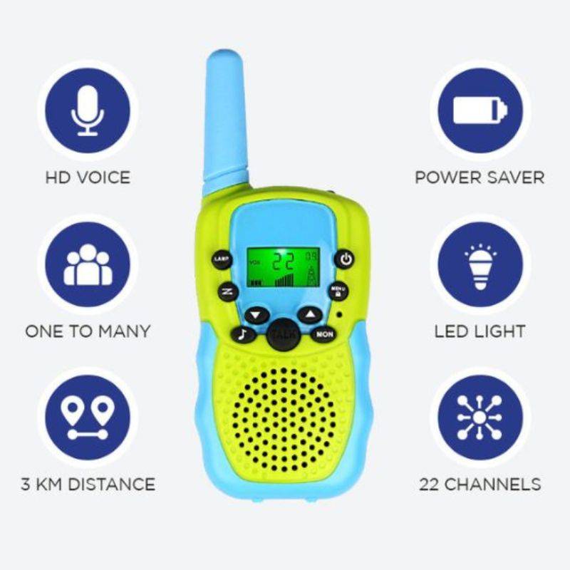 Kids Walkie Talkie 3-piece set in blue and green with 3km range, HD voice, power saver, LED light, and 22 channels for kids' outdoor communication.