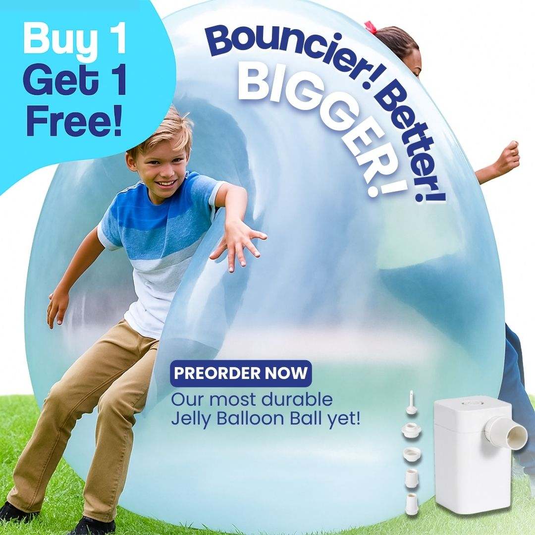 Kids playing with large transparent Giant Jelly Balloon Ball outdoors with inflatable pump and accessories, buy one get one free promotion
