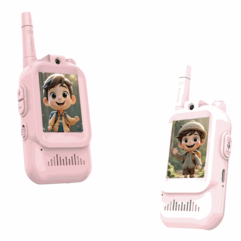 Pink kids walkie talkie with screen, call alert, clear sound, and long-range for indoor and outdoor play.